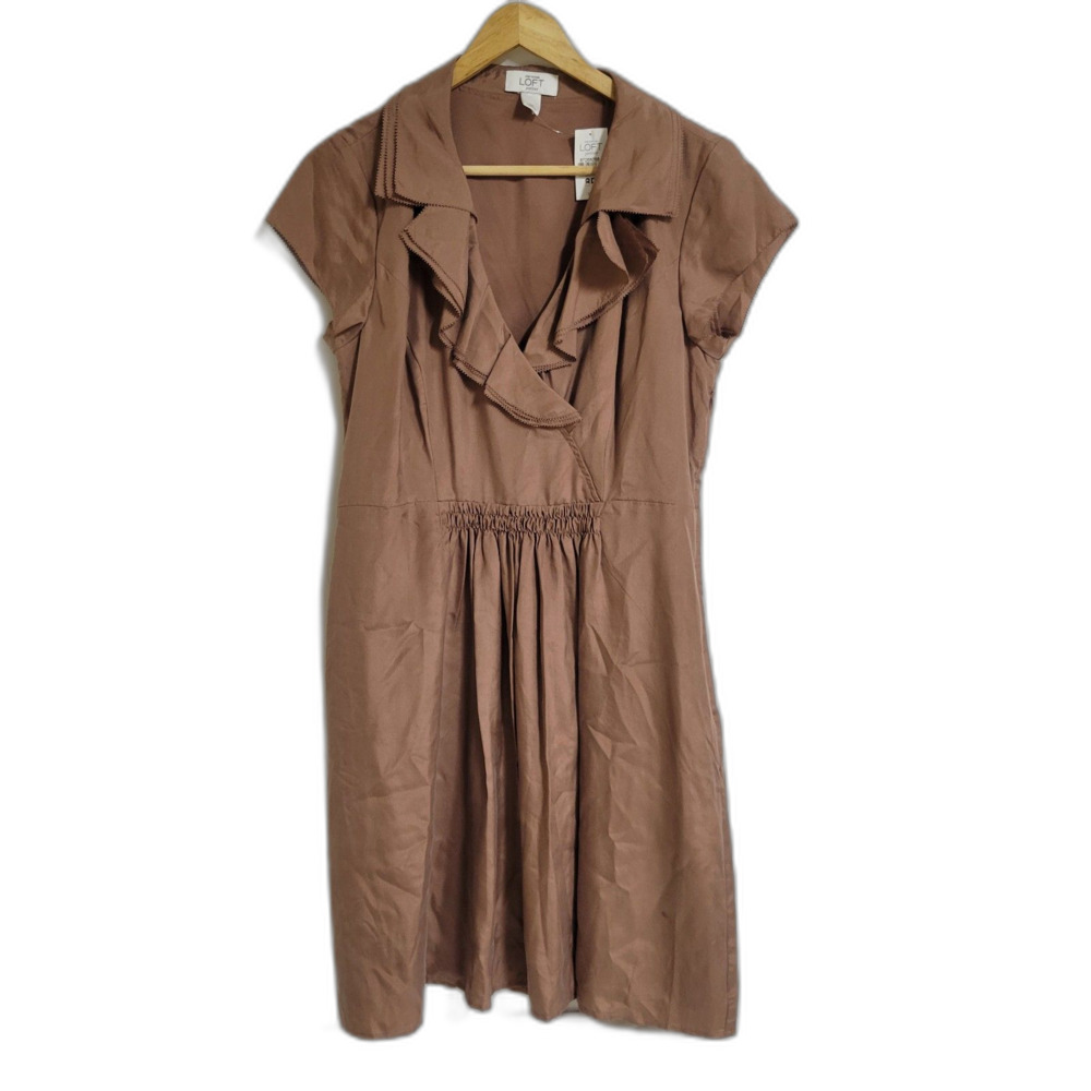 LOFT 100% Silk Ruffle Collar Dress Brown Cap Sleeve Pleated V-Neck NWT 8P